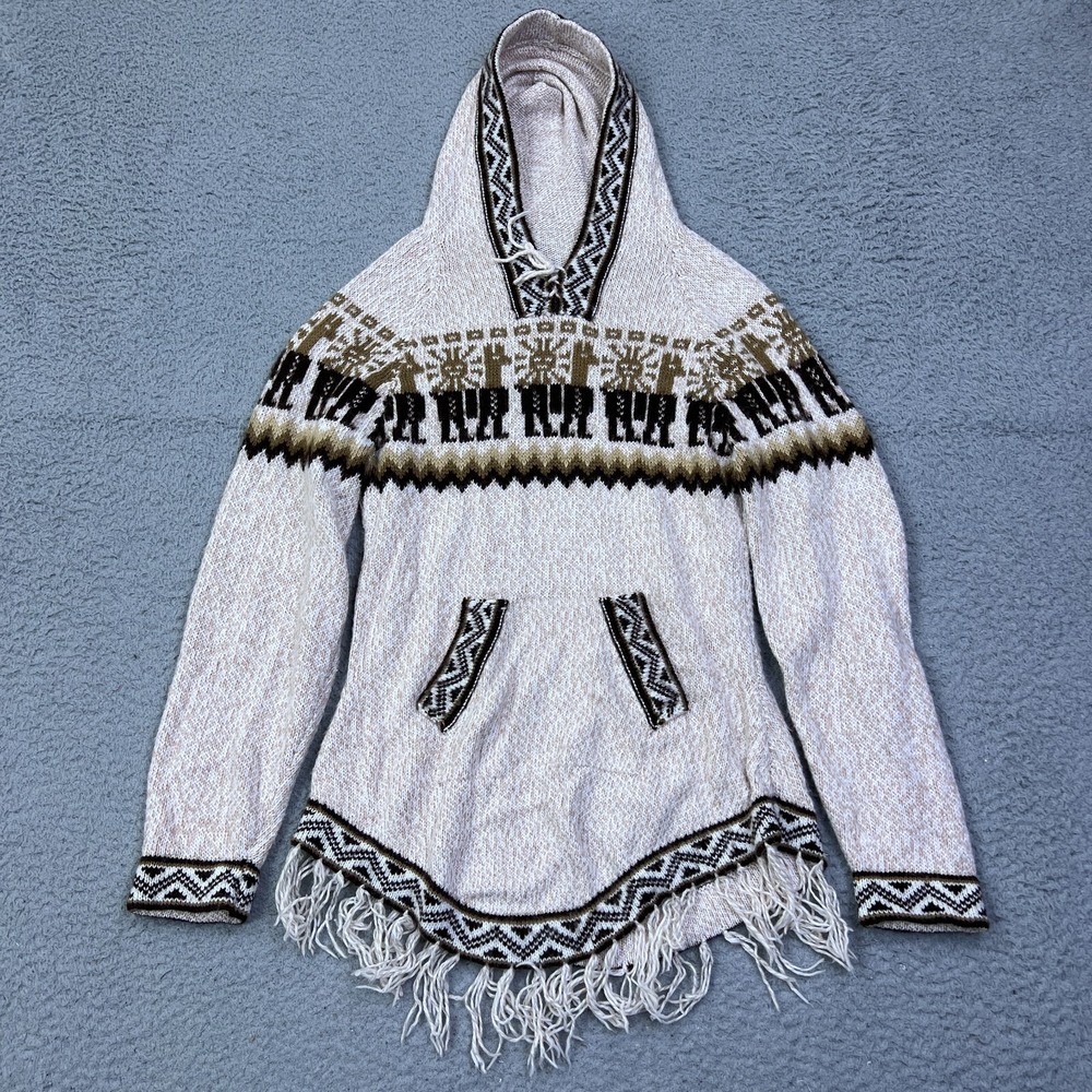 VTG Grupo Alpaca Peru Womens S Hooded Sweater Fringe Hem Beige Aztec Knit Top **